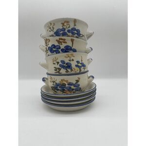 Ceramic Soup Bowls with handles & Plates Set of Four Uni Krang Stoneware